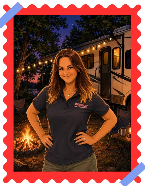 Caricature of Jaclyn of Specialty RV Sales beside a campfire and a lit-up camper at dusk, in a red stamp frame