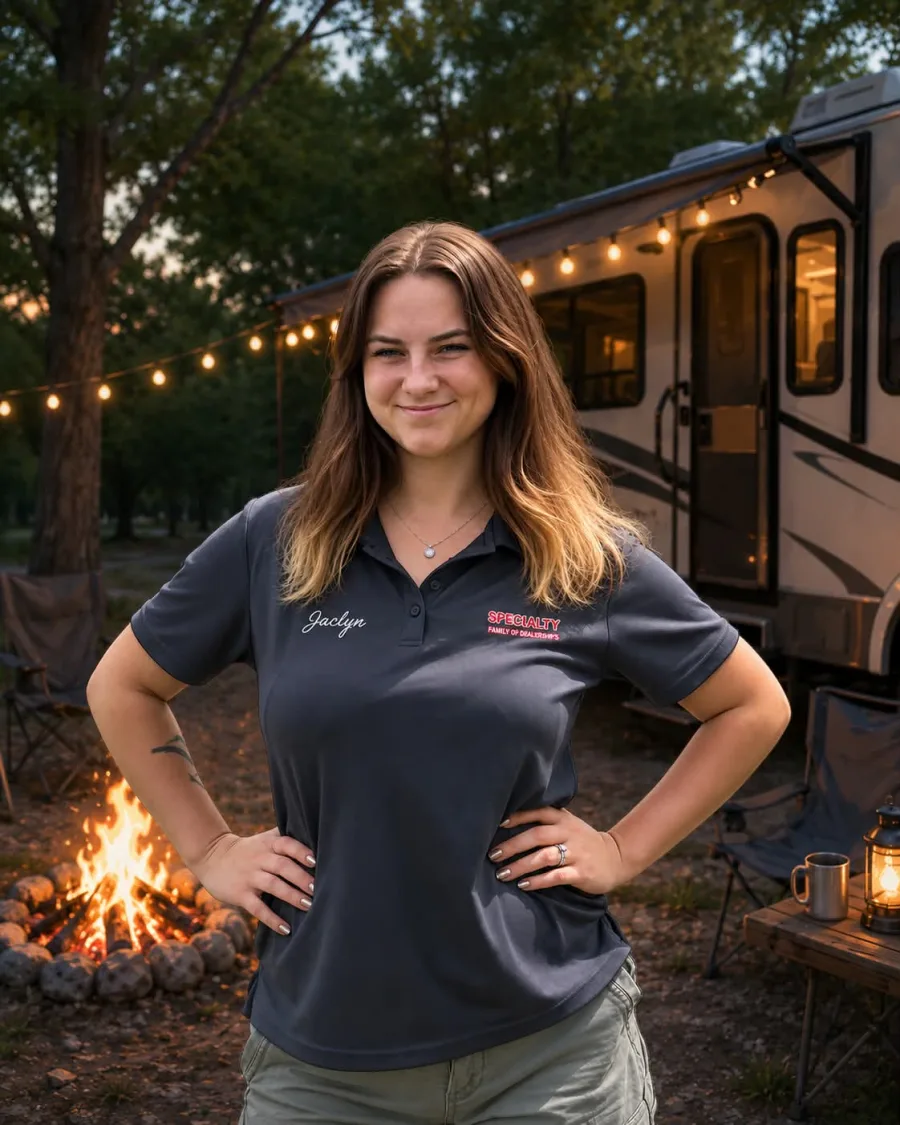 Jaclyn of Specialty RV Sales beside a lit-up camper at a campsite in the evening